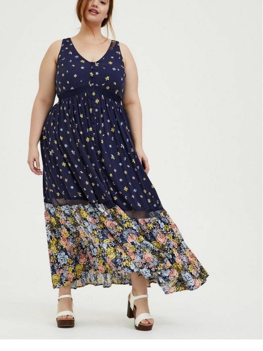 Torrid Dress Womens 3 Blue Floral Fit & Flare Maxi V Neck Button Front Sundress